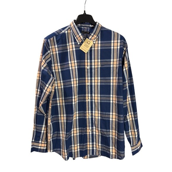 Noble Mount XL Navy Blue Peach White Plaid Button Down Shirt Long Sleeve New - Picture 1 of 4